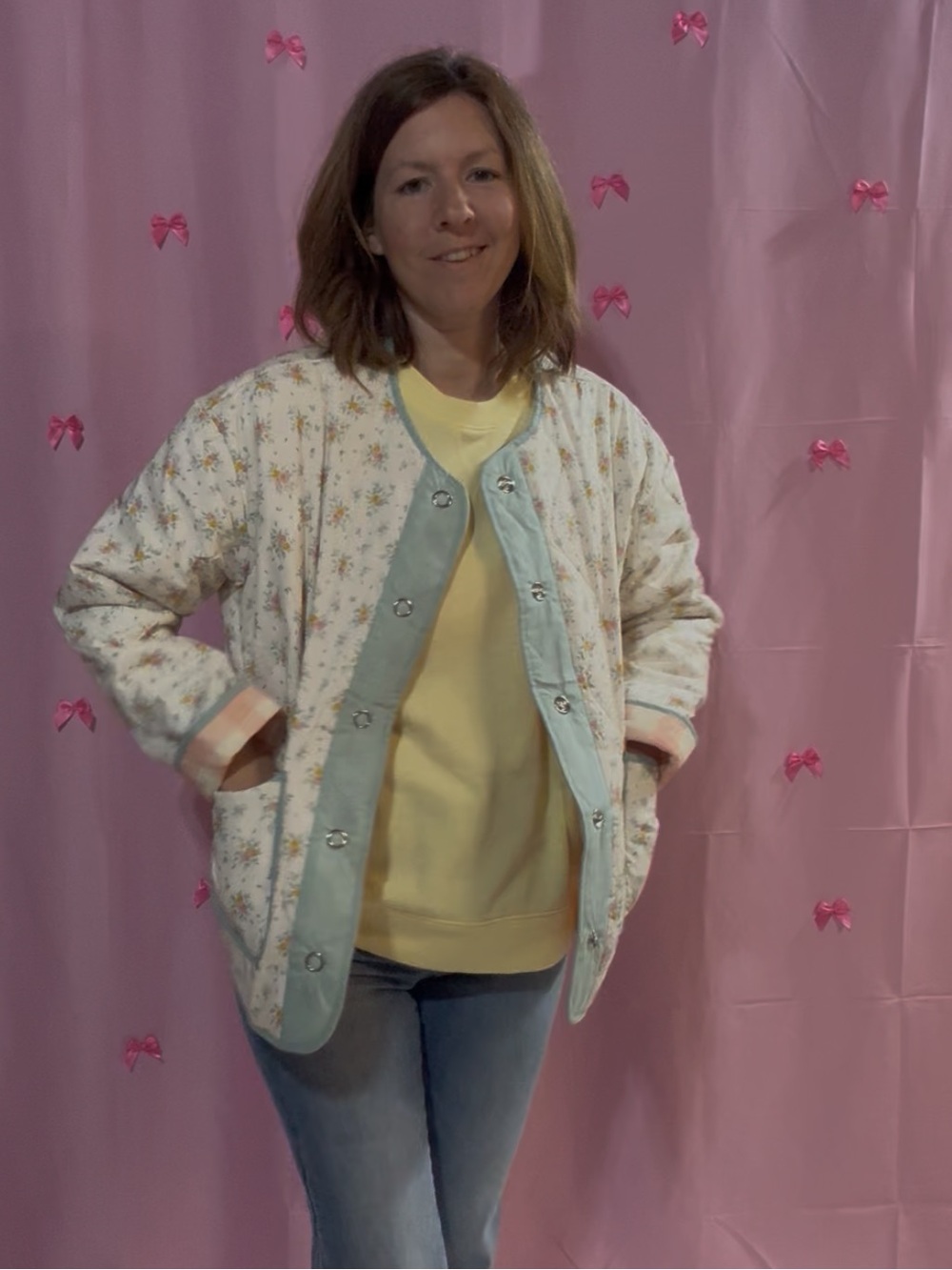 Blu Pepper Pastel Floral Quilted Jacket in Cream, Light Blue & Pink